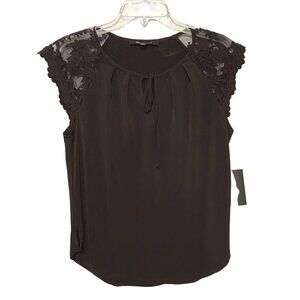 Sweet Rain Black Blouse with Sheer Lace Cap Sleeves Women's Size‎ Small NWT